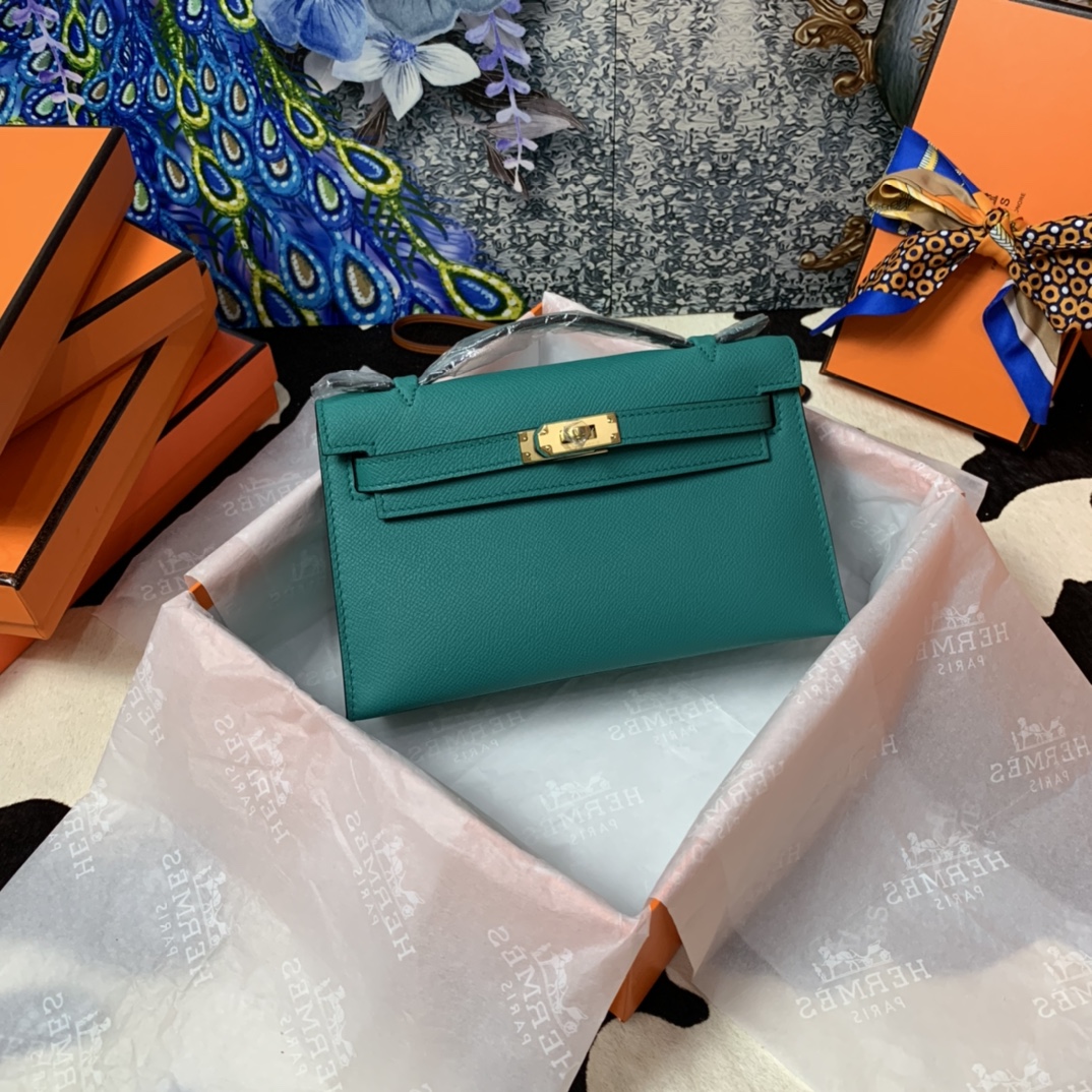 Hermes Mini Kelly Pochette 22cm Bag In Peacock Green Epsom Leather